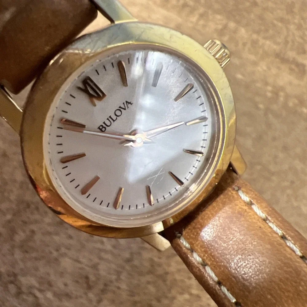 Bulova Women's Analog Brown Genuine Leather Gold Tone Quartz Watch Needs Battery